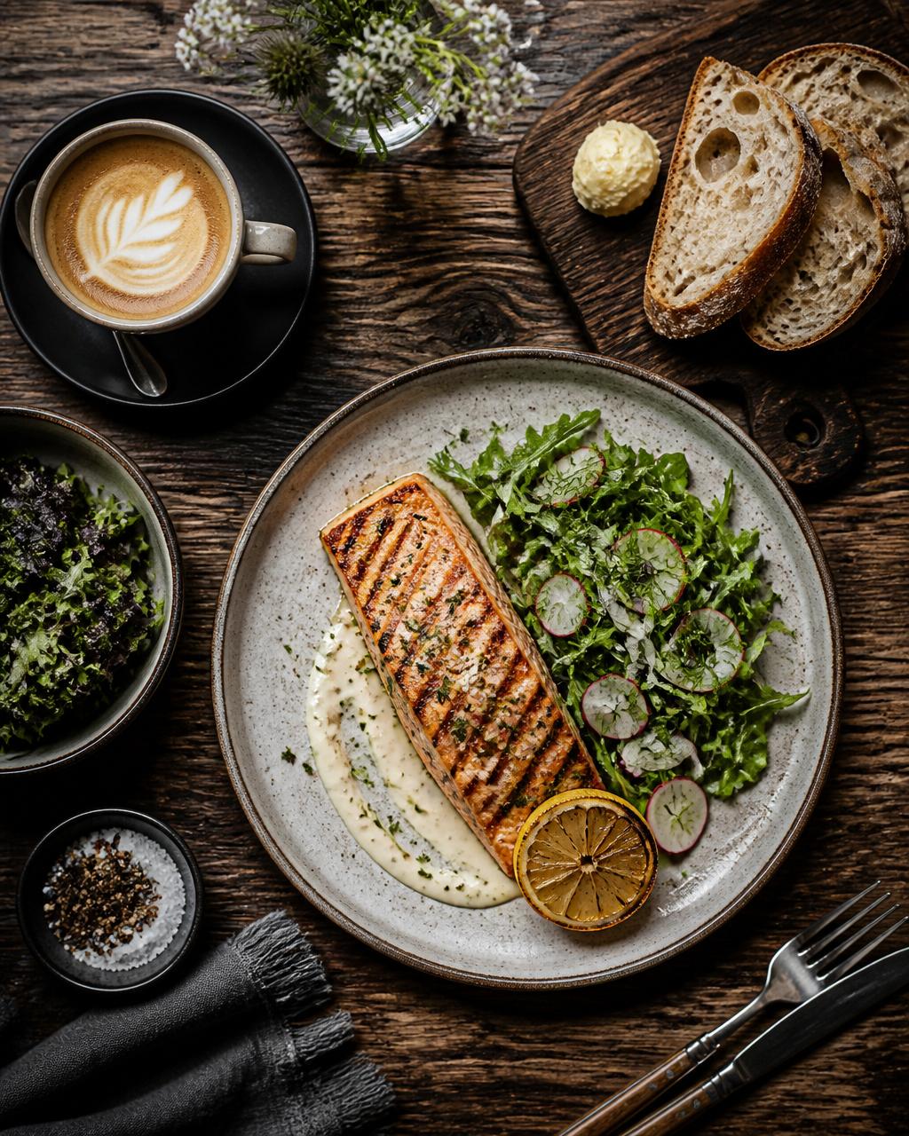 Grilled salmon plate with fresh greens and sourdough