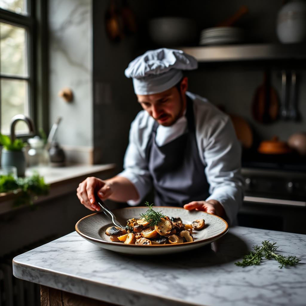 Chef plating a rustic PNW dish