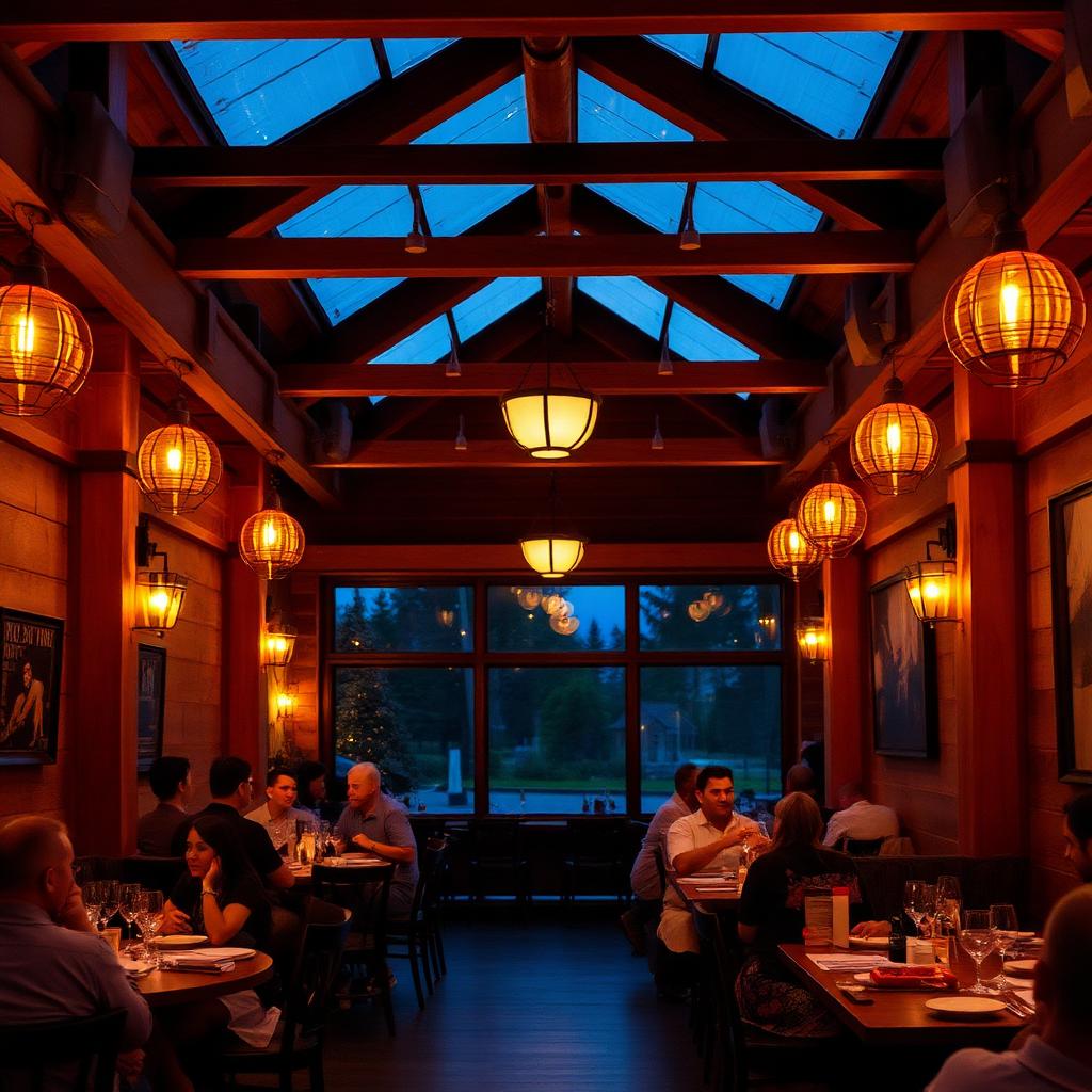 Warm restaurant interior at dusk